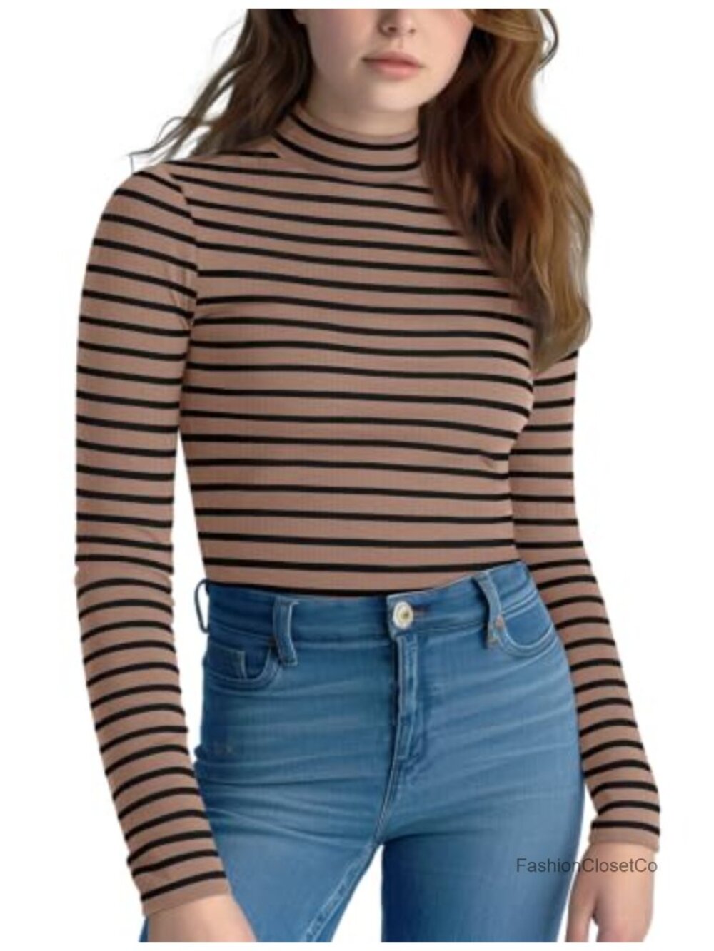 Striped Ribbed Knit Turtleneck Women Long Sleeve Fitted Mock Neck Layering Shirt